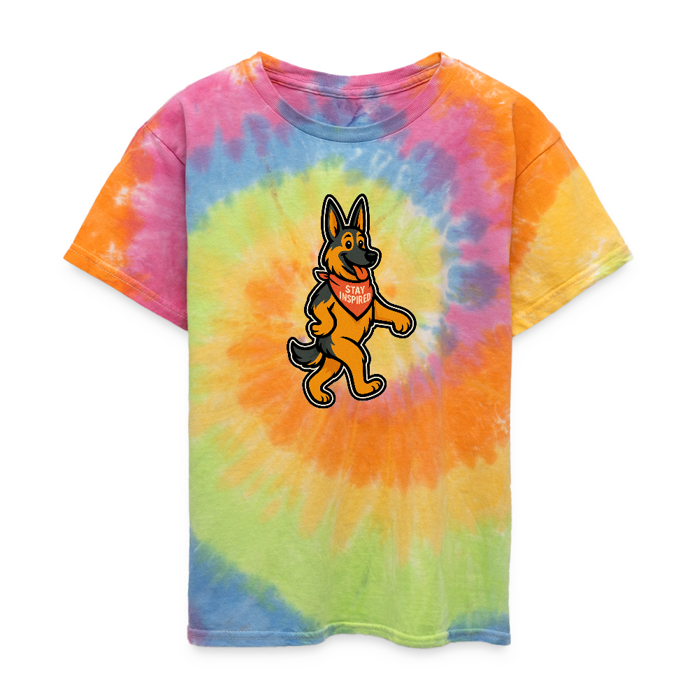 Dancing German Shepherd Kids Tie Dye T-Shirt - rainbow