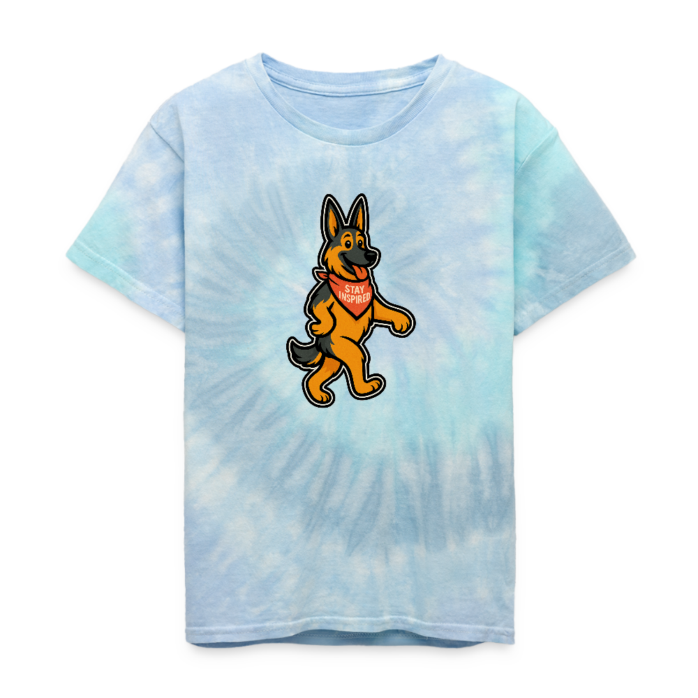 Dancing German Shepherd Kids Tie Dye T-Shirt - blue lagoon